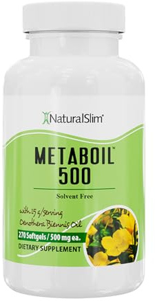 NaturalSlim Metaboil - 500 cápsulas de aceite de onagra para metabolismo, energía y suplemento de apoyo a la mujer con GLA (ácido gamma-linolénico) - Suplementos prensados en frío sin disolventes -