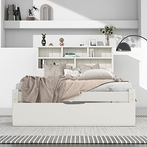 REXO Cama individual de madera maciza con cajones y somier, 90 x 200 cm, para adolescentes y adultos, color blanco