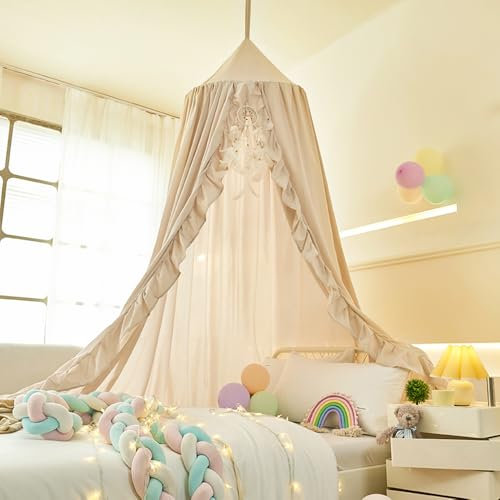ZIQINPSQ Bed Canopy for Girls with Ruffled,Princess Round Dome Children Dreamy Mosquito Net Girls Room Decor Castle Play Tent,Children Reading Nook Canopies (Ivory)