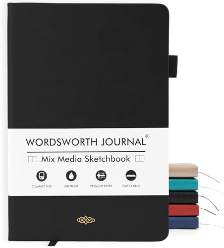Wordsworth & Black Mixed Media Dagbok, 96 Sidor, A5 Papper, Svart | Läderinbunden, 190 GSM, Anteckningsbok för Dagboksskrivande, Arbete & Skissning, Present till Kvinnor & Män