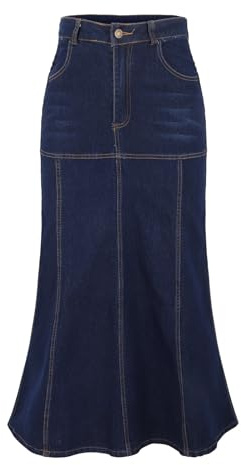 Denim kjol med fickor för kvinnor UK damer jeanskjolar stretch-fiskstjärt maxikjolar midtvätt monterad en linje vardaglig smart arbete kontor smickrande bantning kvinnor hög midja skejtare, BLÅ, XL