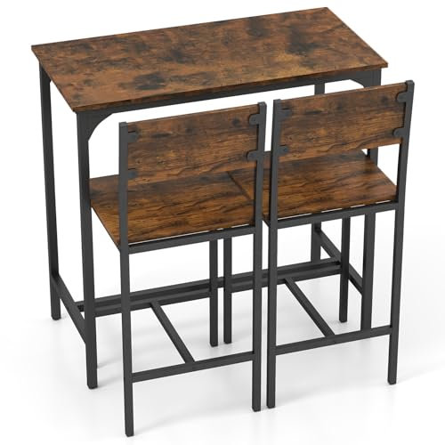 COSTWAY Dining Table Chairs, 3 Piece Metal Frame Kitchen Counter Furniture Include 1 Table and 2 Chairs, Home Office Living Room Breakfast Bar Table Set (Rustic Brown, with Footrest)