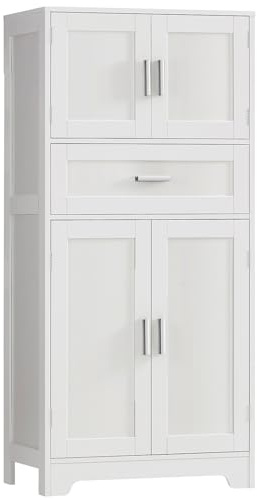 TEENFON Bathroom Storage Cabinet with Adjustable Shelf & Large Drawer, Tall Storage Cabinet with 4 Doors, Kitchen Pantry Storage Cabinets, for Living Room, Dining Room, Home Office, Entryway, White