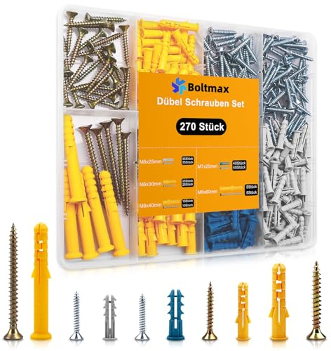 Boltmax 270 Stück Dübel Schrauben Set, Dübel Set, Hohlraumdübel mit Betonschrauben, Rigips Dübel in verschiedenen Größen, Gipskartondübel für zahlreiche Baustoffe wie Trockenbau, Beton, Ziegel