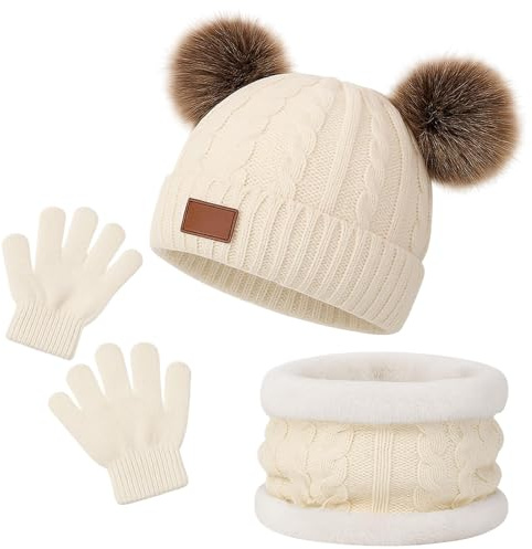 SSKHE 3 st barn vinter varm mössa hatt halsduk handskar set för 1-5 år gamla pojkar flickor. Vintertillbehör set för barn utomhussport, stickade tjocka varma fleecefodrade termiska set, Vitt, en