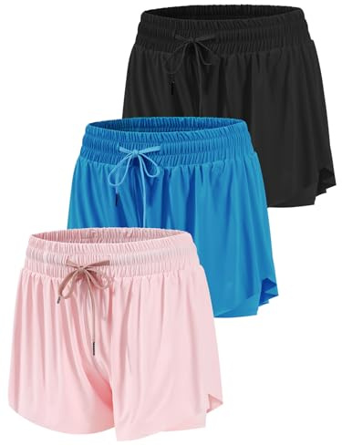 Orrfreer 3 Pack Girls Butterfly Shorts Athletic 2-in-1 Running Shorts for Girls Teen with Pockets Colourful Summer Sports Shorts Built-in Breathable Shorts Black/Royal Blue/Pink L