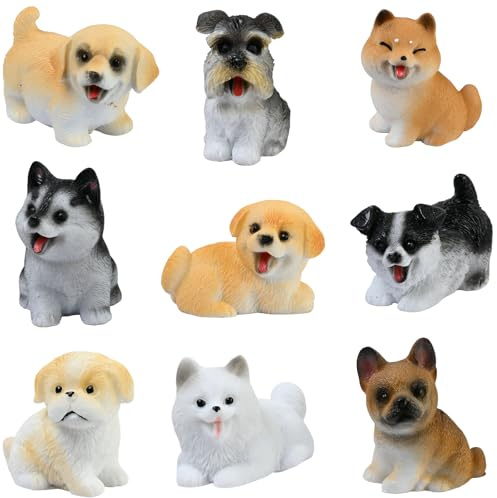 FooYee 9 stycken minihundfigurer, realistiska hundfigurset, dockhus mini hundfigur, hundkaka topp, miniatyr djurstatyer ornament för hemmet landskapsdekorationer, festpresenter