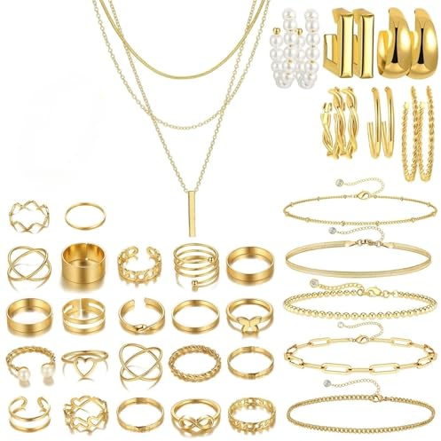 ZXTGBQ 36 Pezzi Parure Gioielli Donna Set Di Gioielli Oro, Bigiotteria Donna Offerta, Set Orecchini Anelli Collana Choker Bracciale Donna, Orecchini E Anello Setper Uso Quotidiano E Occasioni Speciali