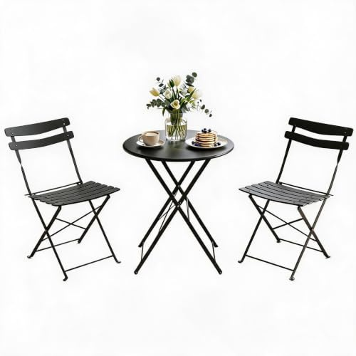 Aptliton 3-Piece Patio Bistro Set for Outdoor, Folding Patio Furniture | Bistro Table & Chairs Set for 2, Lightweight Rustproof Metal Table & 2 Chairs, for Balcony Garden, Black
