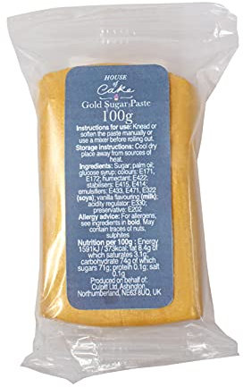 House of Cake Metallic Gold Edible Sugar Paste, Fondant Icing for Modelling, Marbling, Lettering, & Creating Shapes, Add a Shiny Smooth Finish to Cakes & Cupcakes - Gold 100g