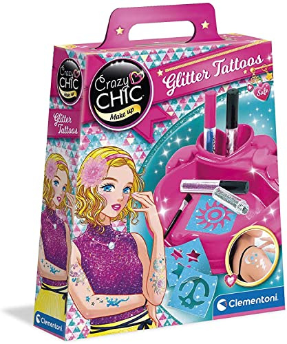 Clementoni Crazy Chic - Glitter Tattoo, Gioco Creativo Bambini 6+ Anni, Kit per Creare Tatuaggi Temporanei Glitterati, Stencil Adesivi e Accessori per Decorazioni per Il Corpo, 18513