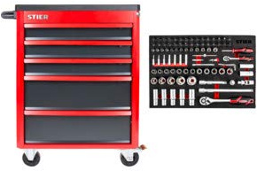 STIER Werkstattwagen Basic+ bestückt 92-teilig, Werkzeugwagen gefüllt, Werkstatteinrichtung