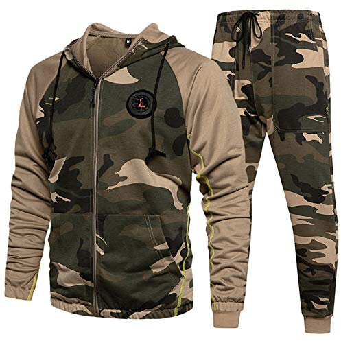 DUOFIER Mens Tracksuit 2PC Set Camouflage Sweatshirt Jogger Sweatpants Solid Hooded Sports Suit, Khaki-2XL XX-Large
