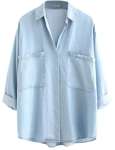 Yimoon Womens Denim Shirt Chambray Blue Button Down Jean Shirt Denim Tops Soft Tencel Casual 3/4 Sleeve Jackat(LightBlue-L)
