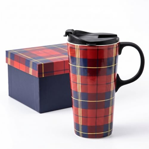 Topadorn 17oz(500ml) Ceramic Travel Mug with Sealed Lid and Handle – Microwave & Dishwasher Safe, Ceramic Coffee Tea Cup(Red Plaid)