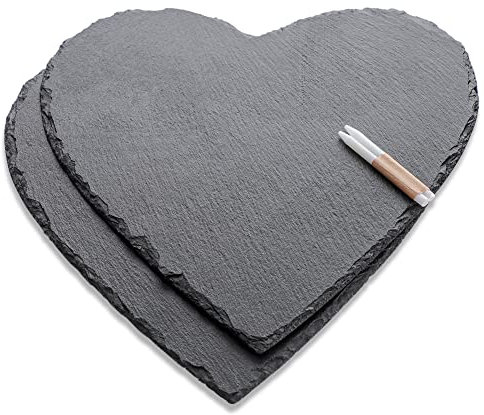 WLWNWFT Schieferplatte Herz groß 30 cm 2er Set, Schieferherz Platte mit Kreidestift, Servierplatte aus Schiefer Schwarz, Schiefer Herzen zum Servieren & Beschriften