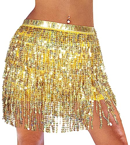 Gonna di Paillettes per Donne e Ragazze - Danza del Ventre Carina con Nappe, Glitter per Festival e Performance di Danza (Oro)