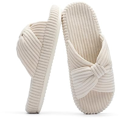 Chantomoo Slippers for Women Memory Foam House Bedroom Corduroy Bow Crossbands Slipper Shoes Comfy Trendy Gift Slippers Beige Size 9 10 8.5