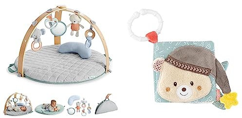Ingenuity, Cozy Spot Loamy Spielmatte mit Spielbogen aus Holz & Fehn Soft Bilderbuch Bruno – Baby Fühlbuch aus Stoff mit Tier Motiven - Stoffbuch Spielzeug zum Aufhängen für Kinderwagen und Babyschale