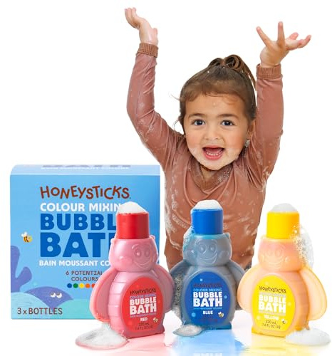 Honeysticks Kids Bubble Bath 3 Pk (Blue, Red, Yellow): Non-Toxic, Plant Based, Non Irritating - Changes Water Colour and Creates Super Foaming Bath Bubbles - Safe for Toddlers 1-3, Kids 4-8, Bath Toys