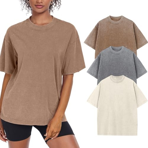 3 Pack Womens Washed Vintage Oversized T-Shirt Baggy Workout Tops Short Sleeve Cotton Tshirts Streetwear Boyfriend Tee(W-BGCFGY,m)