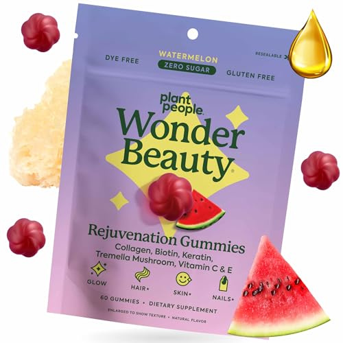 Plant People WonderBeauty Hair, Skin & Nails Rejuvenation Gummies with Tremella Mushroom, Collagen Peptides, Keratin, & Biotin – Watermelon Flavor, 60 Gummies