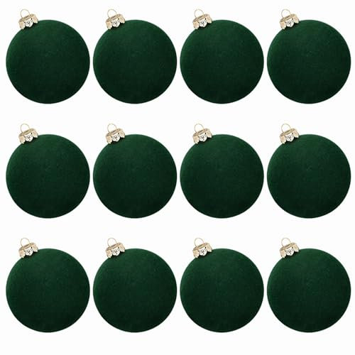 Velours de Noël 12pcs 2,4 Pouces Boules d'arbre de Noël Ornements décoratifs (Vert foncé)