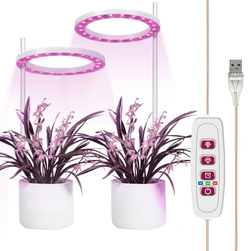 [2 têtes] Lampe Plante, Lumière LED Pour plantes d'intérieur à spectre complet - Lumière compacte réglable en hauteur avec minuterie automatique on/off de 8/12/16 heures - 5 niveaux d'intensité