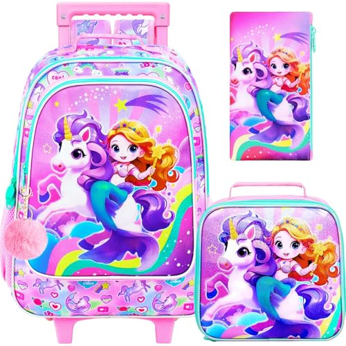 UFNDC 4PCS Rolling Bookbag for Girls, Cute Kids Mermaid Wheeled Backpack，Unicorn Roller School Bag with Wheels for Elementary Preschool Travel