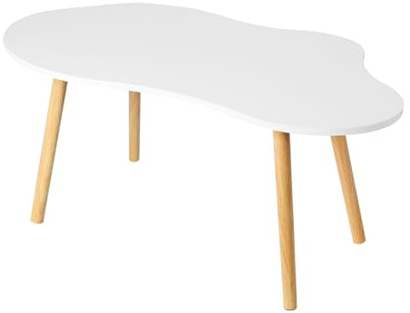 Haibinsuo Mesa de centro pequeña, mesa de té moderna de mediados de siglo para sala de estar, mesa auxiliar minimalista con forma de nube, mesa auxiliar ovalada de madera, mesas auxiliares blancas