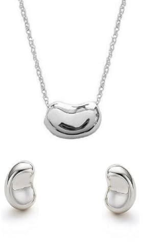 Ritastephens Kidney Bean Necklace and Earrings Jewelry gift set Sterling Silver 925 Bean necklace and stud earring with a 18 inches long cable Chain and super cute bean stud earring – ready for to give as a gift- gift box included