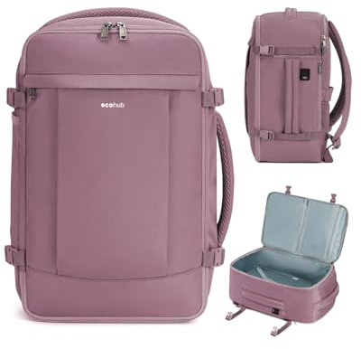 ECOHUB 30L Zaino da Viaggio Aereo 45x36X20 per Easyjet, Zaino Bagaglio a Mano Tasca Antifurto per Laptop, 15.6 Pollici Zaino Porta PC, Impermeabile Borsa da Cabina PET Riciclato per Donna Uomo (Rosa)