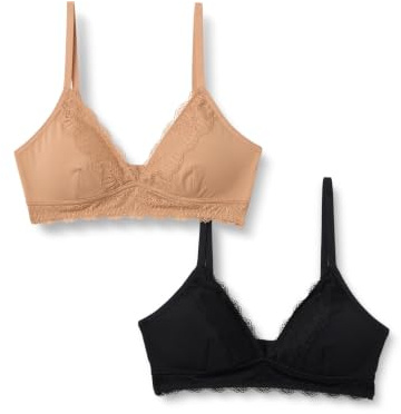 Amazon Essentials Women's Peached Microfibre with Lace Trim Lined V Neck Bralette, Pack of 2, Black / Washed Bronze, Medium