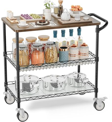 Leteuke Rolling Kitchen Carts with Wheels, 34 L x 17.5 W, 3-Tier Heavy Duty Utility Cart with Wood Tabletop, NSF Commercial Metal Serving Cart with Handle and Shelf Liner for Kitchen, Black