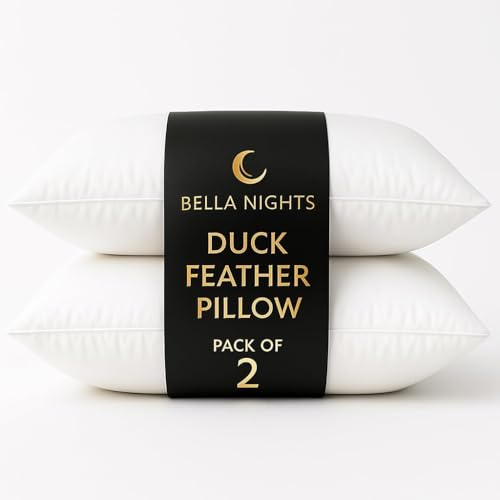 Bella Nights Duck Feather & Down Pillows – Pack of 2 Luxury Bed Pillows with 85% Feather & 15% Down Filling – 100% Microfibre Cover – Soft Supportive Pillow Pair – Standard Size 48x74cm (Pack Of 2)