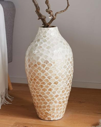 Dekoleidenschaft Grand vase décoratif Capiz de sol, en bambou, 50 cm de haut, avec coquillages, pour fleurs séchées, herbes, branches