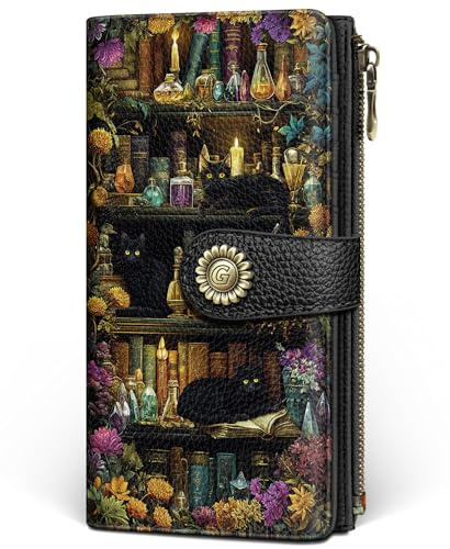 GIANCOMICS Black Cat Book Womens Wallet RFID, Credit Card Holder Bifold | Billfold, Cute Cash Purse, Travel Zipper Coin Pocket, Compact Clutch, PU Leather, ID Window, 11 Card Slots, Ladies Gift Woman