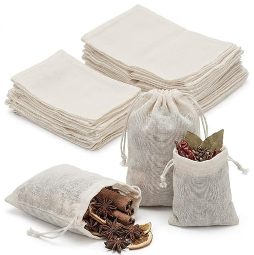 50 Pcs Spice Bags for Cooking, 15x10cm & 10x8cm Cotton Gauze Bags, Spice Bag, Reusable Muslin Bags with Drawstring, Empty Tea Bags for Loose Tea, Coffee, Herbs