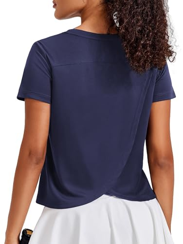 PINSPARK Maglietta Sportiva da Donna a Maniche Corte Protezione Solare Estiva Traspirante Asciugatura Rapida Corsa Yoga Top Escursionismo all'aperto Fitness Funzionale Blu Navy M