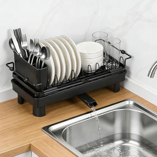 Voency Dish Drying Rack, Over Sink Dish Drainer for Kitchen Counter with Utensil Holder, Expandable Dish Rack With Removable Cutlery Holder, Small Sink Dish Drain Rack Fit for 11.5-17’’ Kitchen Sink