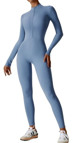 RRYPBOVG Dam yoga onepiece damjumpsuits en del kostym dragkedja långärmad yoga-set gym push up träningskläder fitness bodysuit sportkläder träningsoverall, Blå 2, S