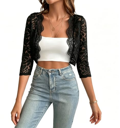 Cardigan Corto Nero in Pizzo da Donna Maniche 3/4 Bolero in Pizzo Floreale Ondulato Smerlato Aperto sul Davanti Leggero Casual Coprispalle per Serate e Tutti I Giorni Outfit con Jeans L