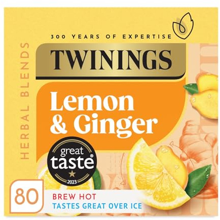 Twinings Lemon and Ginger Flavoured Tea -80 Biodegradable Bags Caffeine-Free Herbal Tea with Zesty Lemon & Spicy Ginger Flavor Refreshing & Soothing Beverage