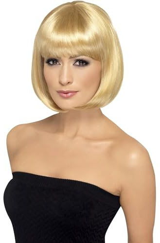 Smiffys Partyrama Wig, 12 inch, Dark Blonde Short Bob with Fringe, Ladies Glamour Wigs Fancy Dress, Adult Dress Up Wigs