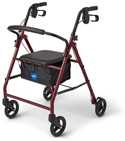 Medline Steel Rollator Walker for Adult Mobility Impairment, Burgundy, 350 lb. Weight Capacity, 6” Wheels, Foldable, Adjustable Handles, Rolling Walker for Seniors