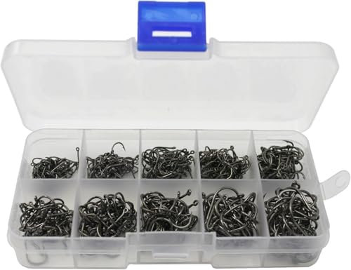 Kompassswc 500 Stück Angelhaken geschärft Kohlenstoffstahl Haken langlebig Fisch Haken mit Organizer Box Angeln Zubehör Set