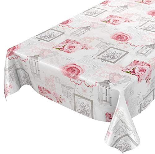 Tischdecke Wachstuchtischdecke Wachstuch Wachstischdecke pflegeleicht abwaschbar Rosen Landhaus Antik Grau 160 x 140cm, Schnittkante
