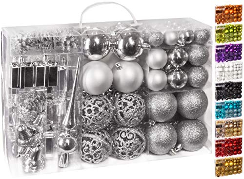 BRUBAKER 101-teiliges Set Weihnachtskugeln mit Baumspitze Silber Christbaumschmuck