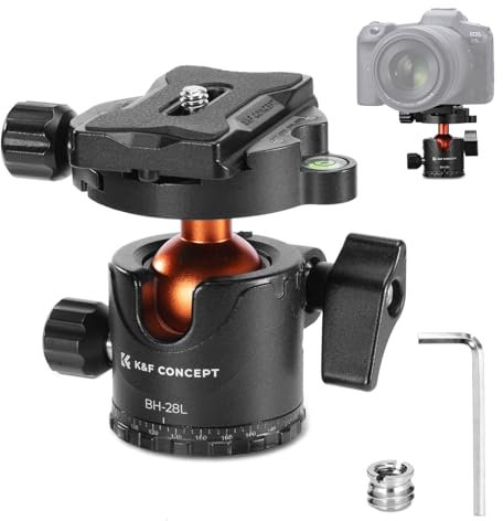K&F Concept 28mm Tripod Ball Head 360° Panoramic, Low Profile Ball Head with 1/4 Screw 3/8 Thread Mount and QR Plate, Bubble Level for Camera, Tripod, Monopod, binocular, Load Capacity up to 20KG