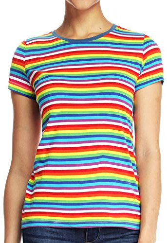 Zbrandy Rainbow Striped T-Shirts Women Stripes Shirt Crew Neck Short Sleeve Tee Tops M